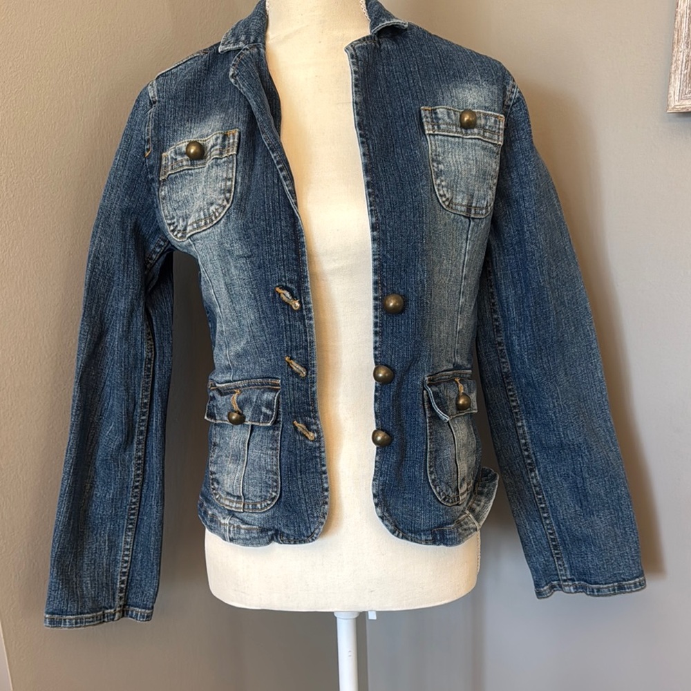 Faded Glory Blue Cropped Jean Jacket with Classic Collar - Picture 1 of 4